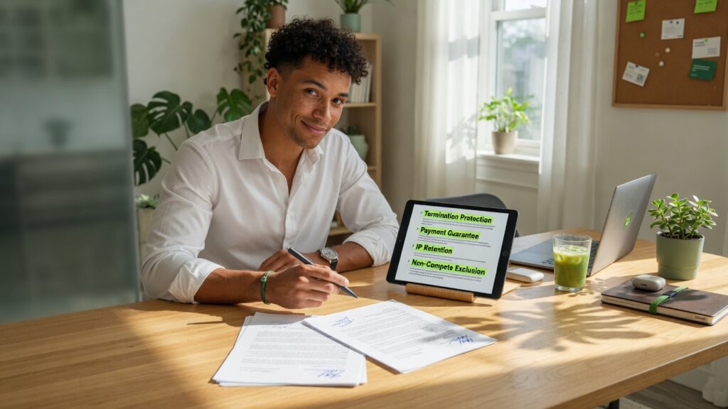 How to Write a Freelance Contract That Protects You Freelancer signing contract with client to protect project scope and payment