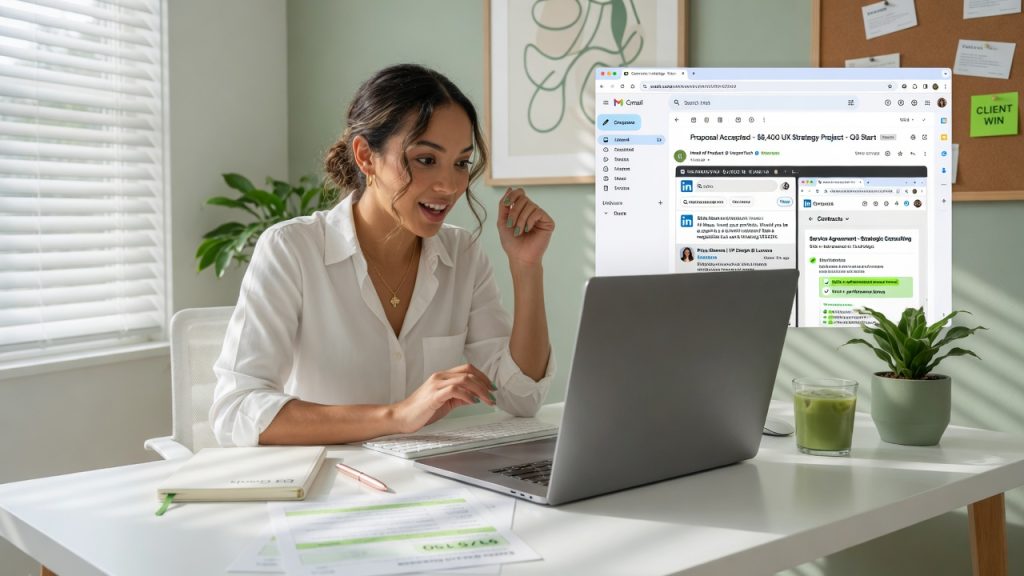 How to Find High-Paying Freelance Clients (Proven Strategies) Freelancer researching high paying clients on LinkedIn for outreach strategy