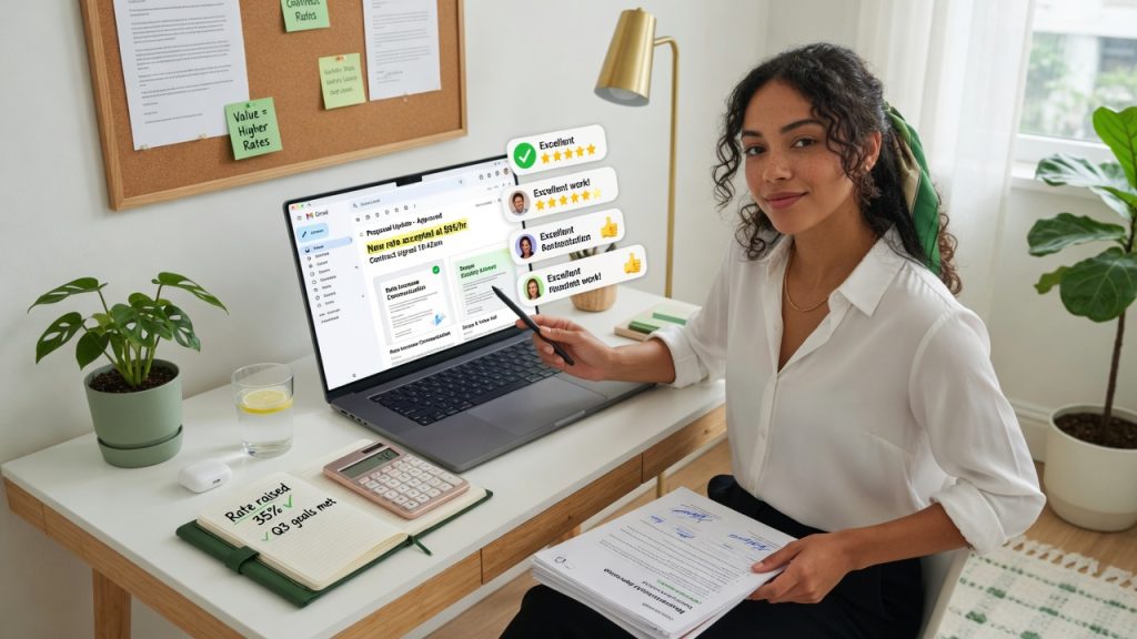 How to Raise Your Rates Without Losing Clients Freelancer raising rates confidently while presenting proposal to client