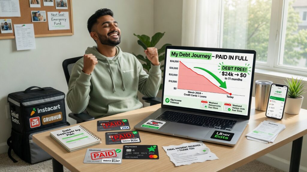 Credit Card Debt Plan for Side Hustlers — A Real Case Study Credit cards receipts and debt payoff plan organized on table for side hustlers