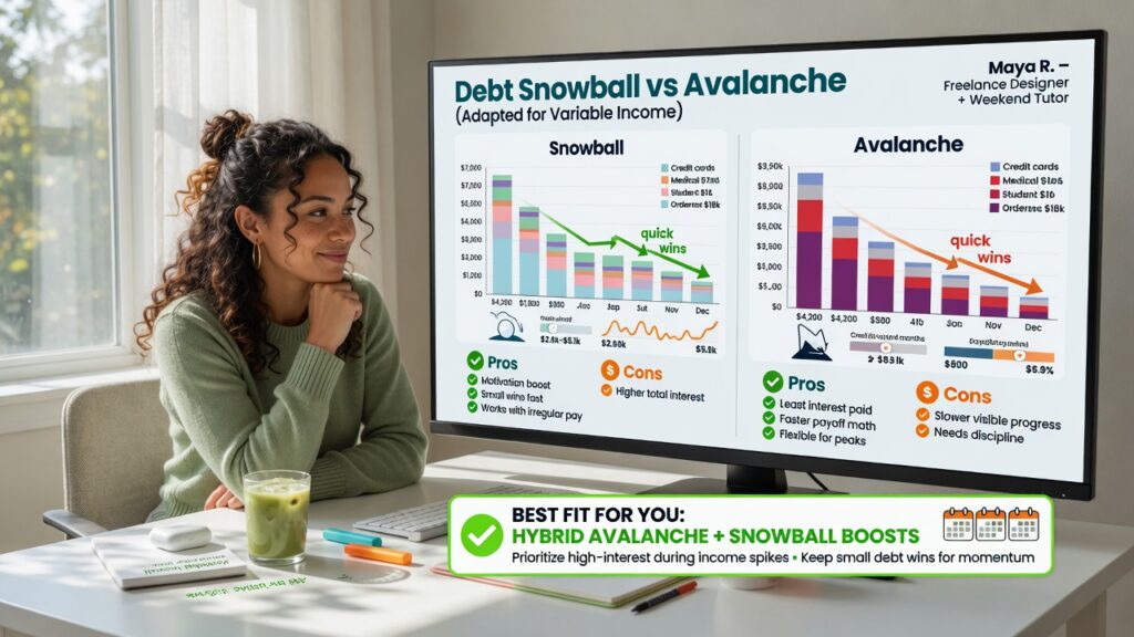 Debt Snowball vs Avalanche for Variable Income Debt snowball versus avalanche comparison chart shown on tablet screen