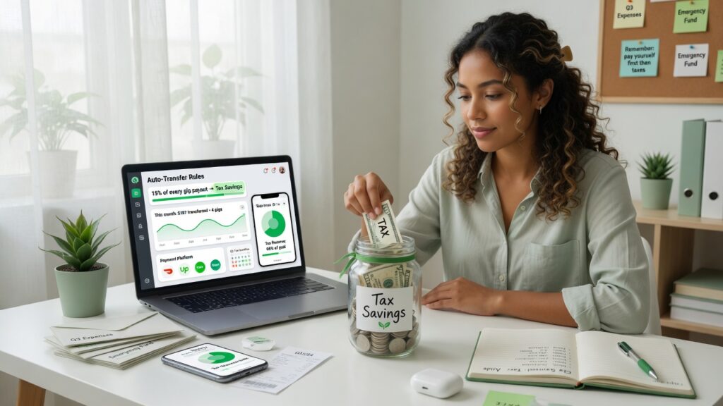 How Gig Workers Should Save for Taxes Calculator and tax savings jars showing gig worker set aside amount