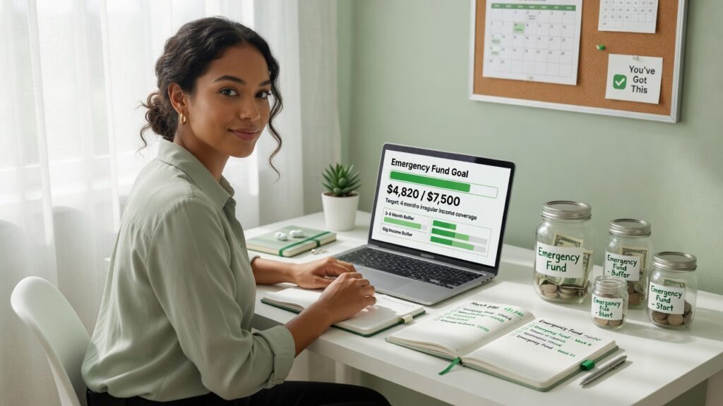 How Much Emergency Fund Do Gig Workers Need? Three jars labeled emergency fund savings levels for gig workers