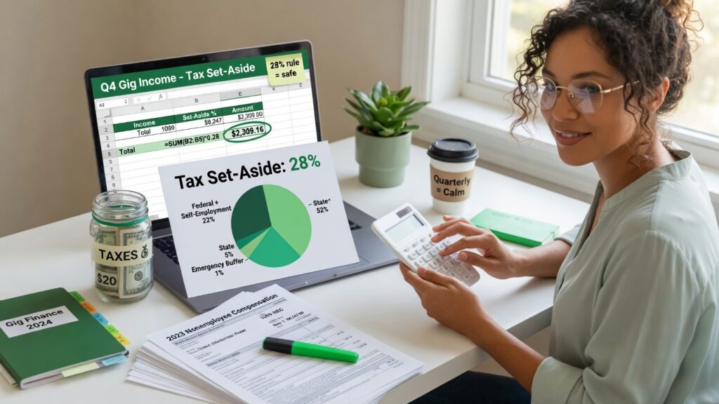 How Much Should Gig Workers Set Aside for Taxes? A Simple Formula Gig worker calculating how much to set aside for taxes from each payment