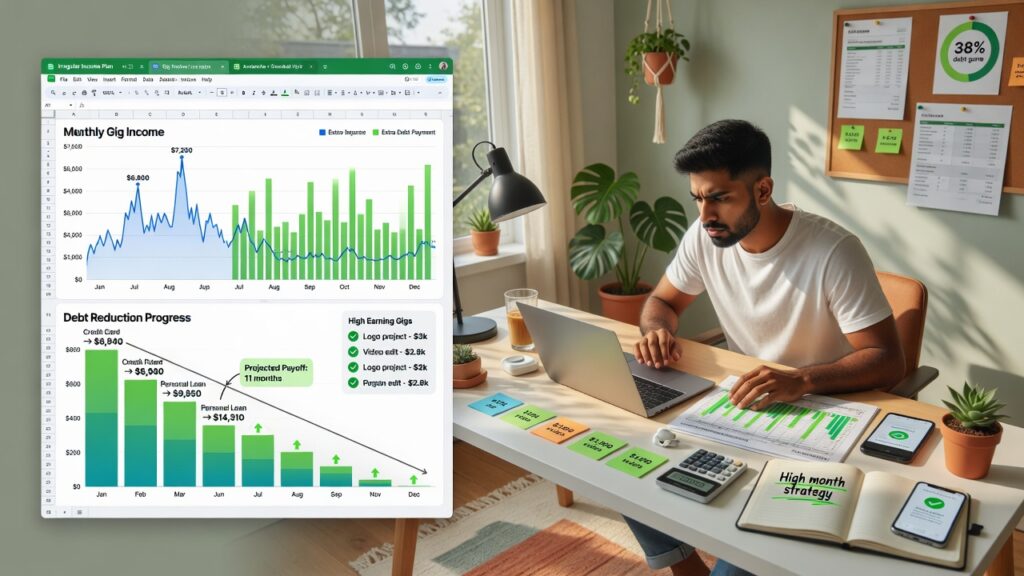 How to Pay Off Debt With Irregular Income Freelancer tracking irregular income and debt payments on spreadsheet