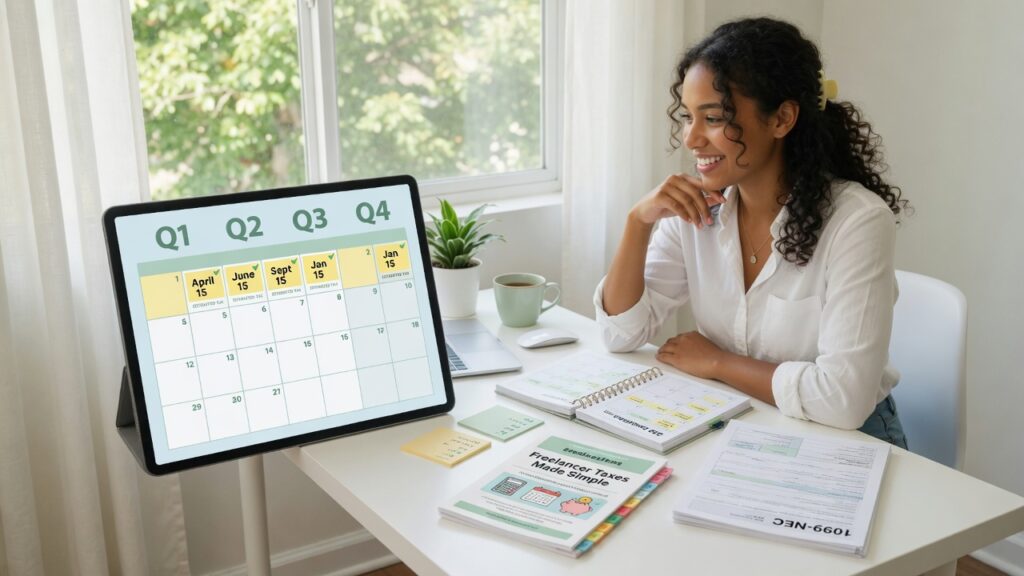 Quarterly Taxes Explained for Beginners Person learning quarterly estimated tax deadlines marked on wall calendar