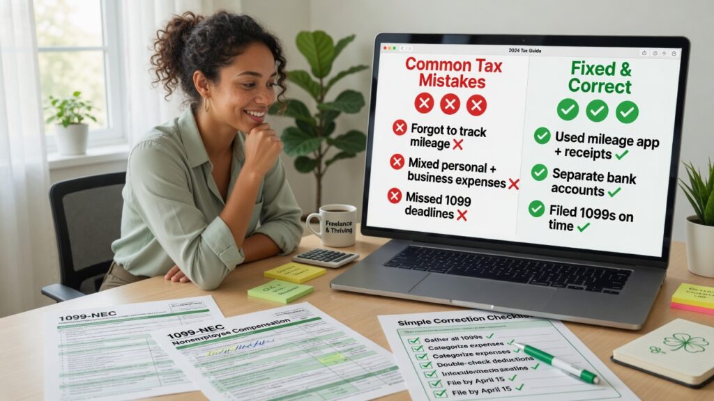 Freelancer avoiding common tax filing mistakes with preparation checklist
