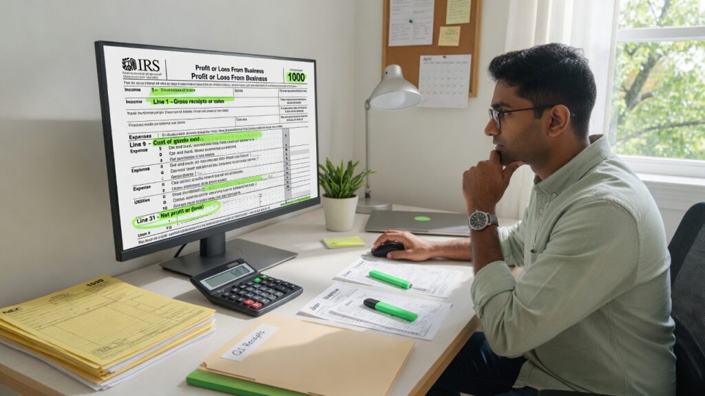 Schedule C Line by Line: A Freelancer’s Complete Guide Freelancer completing Schedule C line by line tax form at work desk